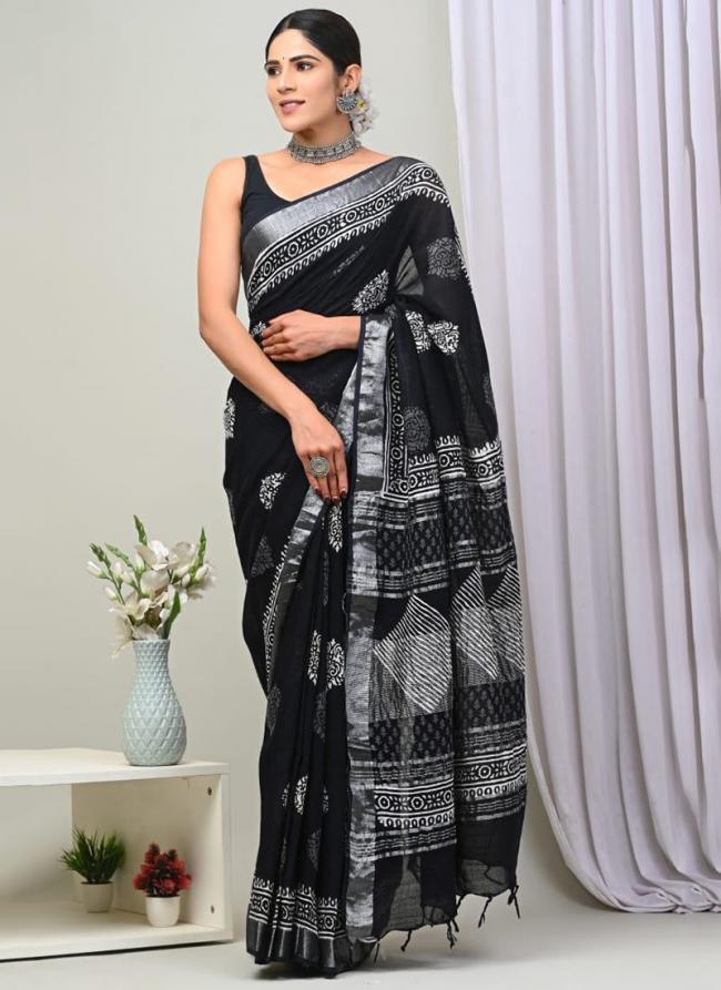 Pure Linen Cotton Black Casual Wear Pure Hand Work Saree